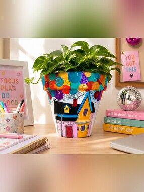 Hand-Painted Colorful House Planter Pot with Balloons